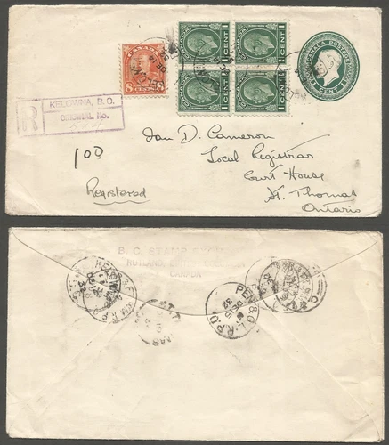 1932 Dealer Cover Registered 13c Arch/Medallions/PSE RPO Kelowna BC to St Thomas