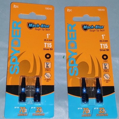 Lot of 2 Spyder 19040 Mach-Blue 1/4 Impact Hex 1  T15 T-Drive Impact Driver Bit 
