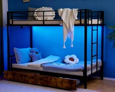 VINGLI Metal Bunk Bed Frame Twin over Twin with 2 Drawers, LED Lights, Non-Slip 