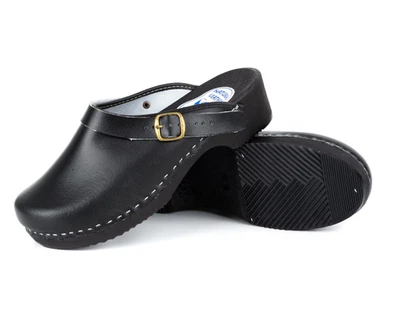 HANDARBEIT Herren Schweden Holz Clogs LEDER Schuhe Sandalen Holzschuhe Schwarz orthopädisch