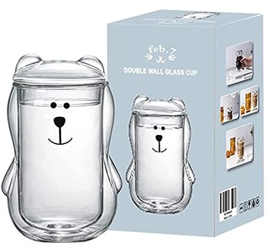 Bear Cup, Double Wall, 300 ml Espresso Coffee Tea 3D Glasses Cup with Lid Hea...