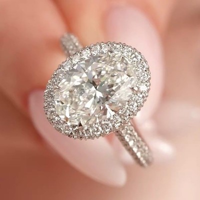 2.55 Ctw Oval Cut Moissanite Classic Halo Engagement Ring 14K White Gold Plated
