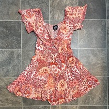 Angie Mini Babydoll Dress Women L Paisley Romantic Pink Floral Boho Cutout Smock