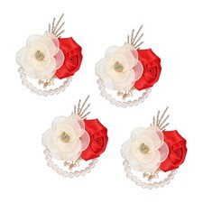 Rose Wrist Corsage, 4Pcs Wrist Corsage Bracelets Flower Wristlet, Red