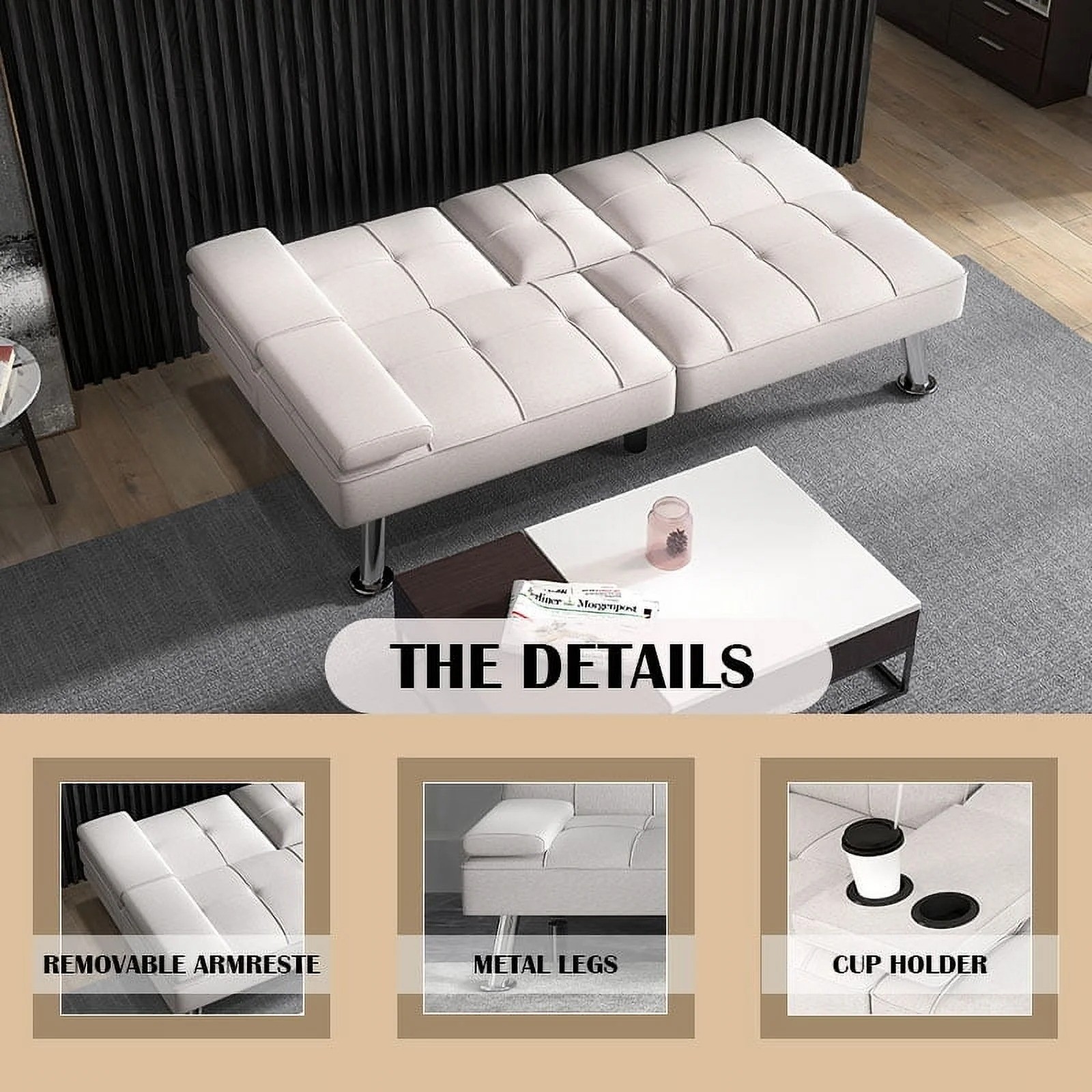 CANMOV Versatile Sofa Bed with Cup Holders USB Port Foldable 2-Seater Guest Bed