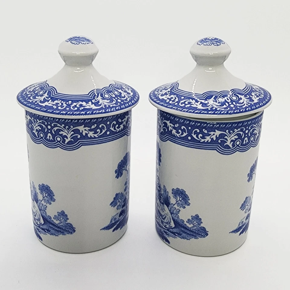 2 tarros de especias Spode Blue Room Collection vistas continentales tapa cerámica blanca 3" 2 Foto 4 de 4