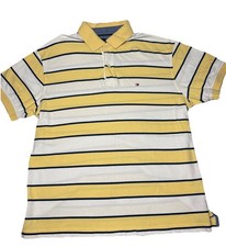 Tommy Hilfiger Polo Shirt Mens Large Yellow White Striped Short Sleeve Classic