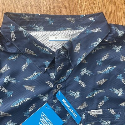 NWT Columbia PFG Men's Size XLT Super Slack Tide Camp Shirt Blue Fishing Lures  