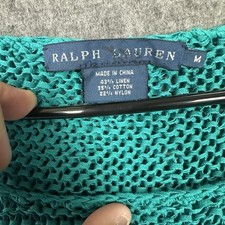 Ralph Lauren Sweater Womens Size Medium Teal Blue Linen Blend Open Knit