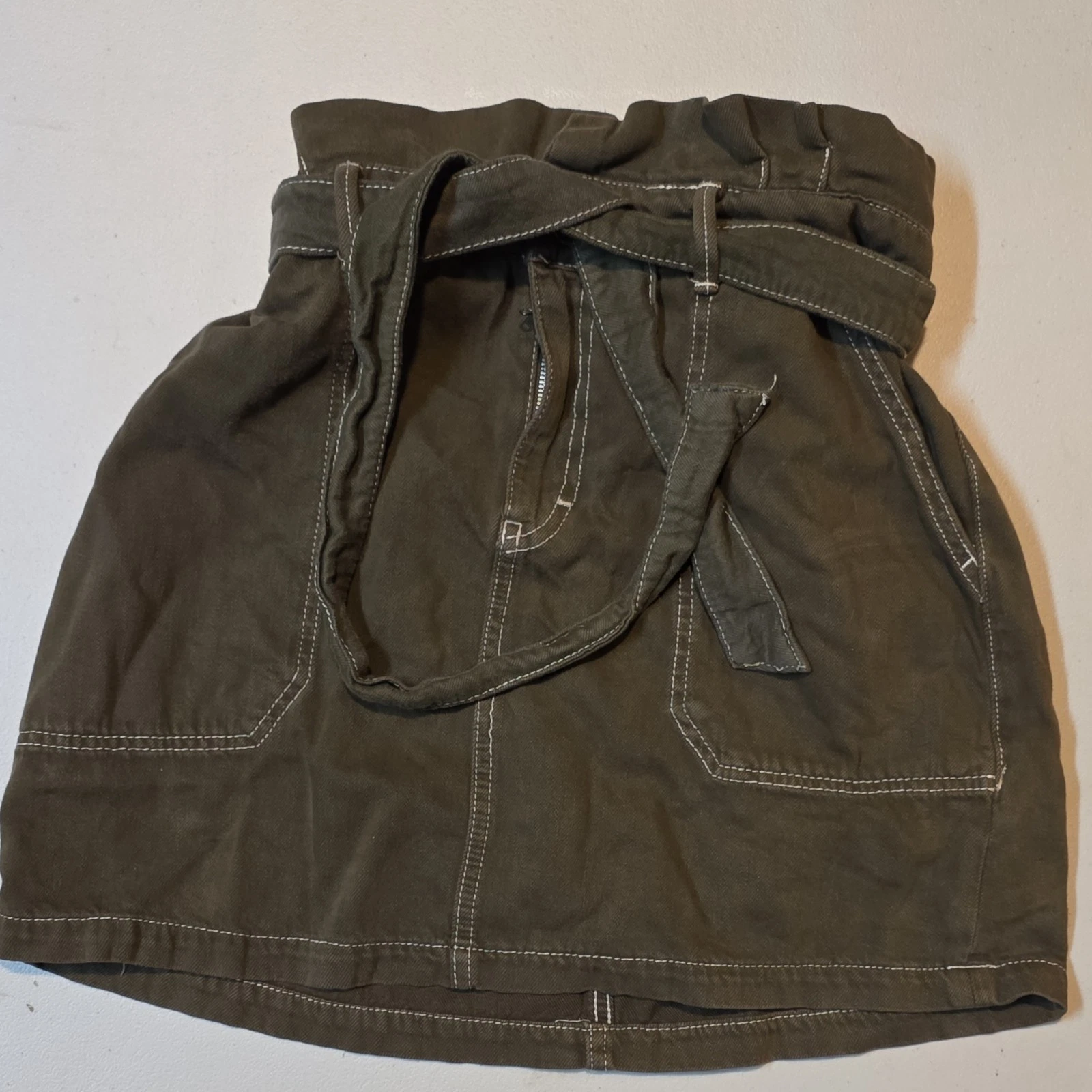 Free People A-Line Twill Cotton Skirt Olive Green Belted Pockets Women's Size 12