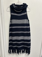 Bb Dakota Women's Fringed Knit Sweater Dress Size Medium Navy/White Stripe
