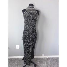 Sparkling VINTAGE 100% SILK Black Halter Neck Beaded Gown High Neck Formal Dress