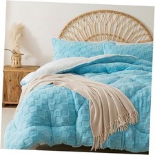 Fluffy Comforter Set Winter Fleece Comforter Ultra Soft  Queen Light Blue