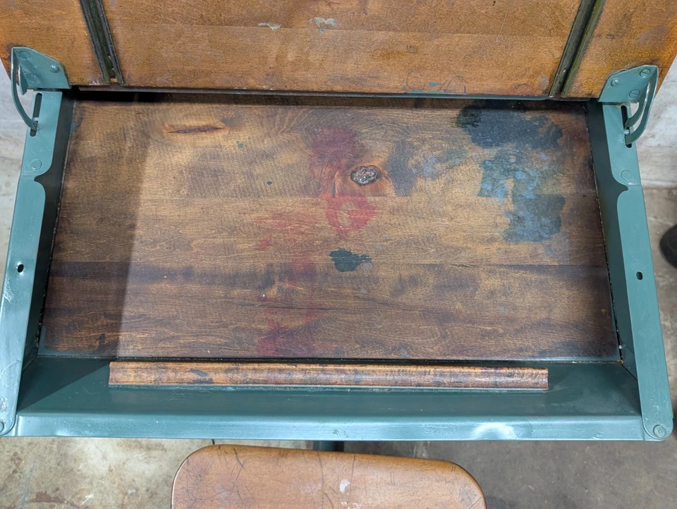 Vintage Children's School Desk Attached Chair Wooden Flip Open Metal - Image 4 of 4