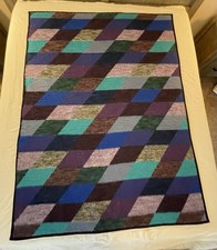 Vintage Biederlack Plush Blanket Geometric Mosaic Purples Blues USA 55.5x75 Flaw