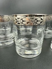 Set Of 6 Silver Rimmed Etched Glass Cocktail Glasses