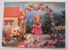 1960s - 70s Lenticular 3D Girl Doll Flowers poodle Dog vintage postcard Japan