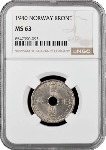 Norway 1 krone 1940, NGC MS63, "King Haakon VII (1906 - 1957)"