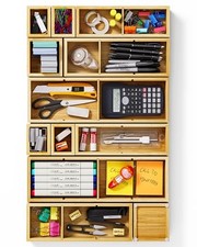 12-Piece Bamboo Desk Drawer Organizer Set   Adjustable Storage Boxes Set of 12
