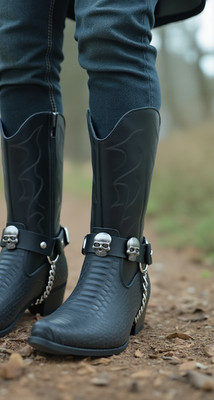 Men Metal Silver Boots Chains Fashion Western Shoe Black 2 Straps Skeleton Skull