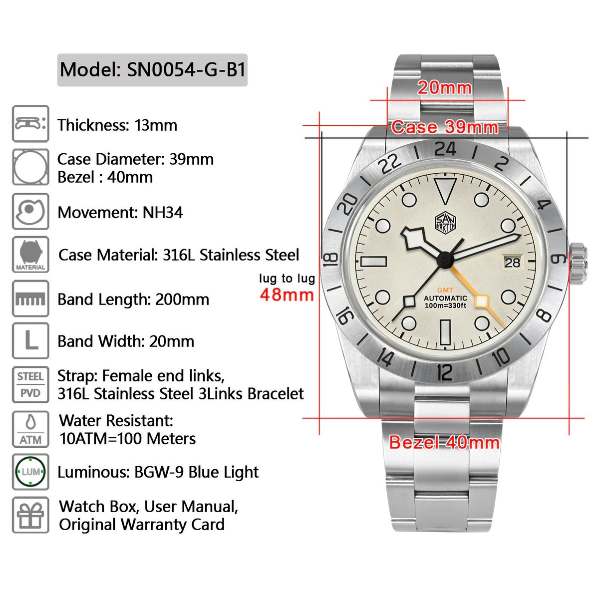 SAN MARTIN SN0054-G-B1 BB GMT Automatic Stainless Steel 39mm 10ATM 