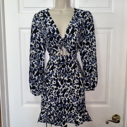 NWT Emmie Rose Mini Dress Womens L Large Navy Ruffle Hem Long Sleeve Cutout