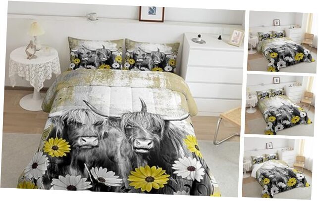 Highland Cow Bedding Comforter Sets Longhorn Bull Cattle Comforter Queen Yellow