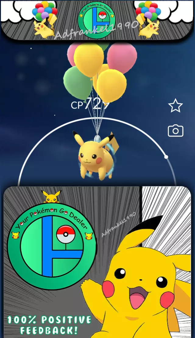 PokéMon Go Shiny Pikachu Flying With Green Balloons - trade 20k Stradust .