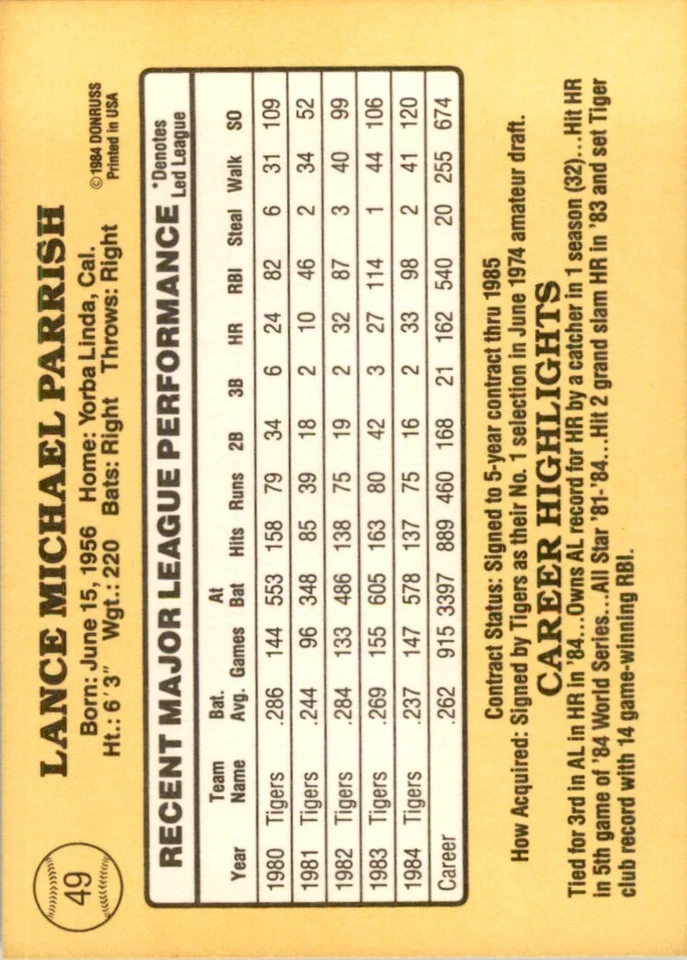 1985 Donruss Lance Parrish 100 Baseball Cards #49 - Image 2 of 2
