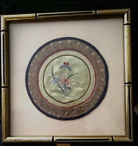 CHINESE SILK HAND CHINESE EMBROIDERY BUTTERFLY LILLIES,IRIS TAPESTRY FRAMED