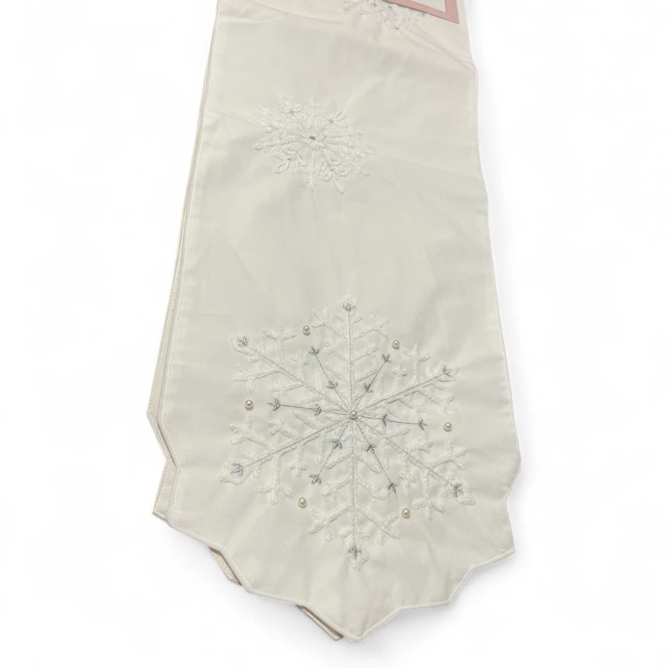 Cupcakes & Cashmere Table Runner White Jeweled Snowflakes Christmas 90” Decor - Image 4 of 4