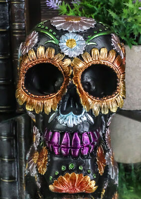 Ebros Black Day of The Dead Floral Blooms Sugar Skull Figurine