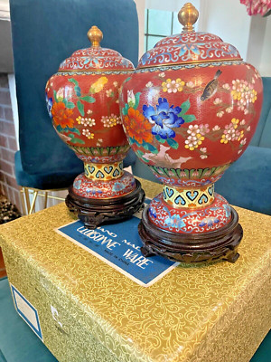 Pair Vintage Chinese Cloisonné Vases Cherry Lotus Flower 10.5'' top to base