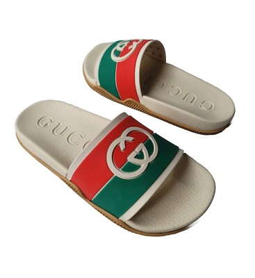 GUCCI Green Red Beige Interlocking GG Logo Rubber Slides  display picture 2