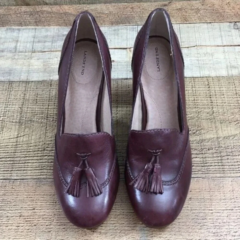 Lands End Burgundy Leather Stowe Tassel High Heel Shoes Womens 6B Slip On Kiltie - Image 3 of 4