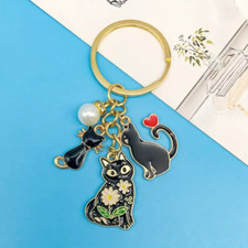 Alloy Enamel Cute Cat Charm Keychain Cartoon Animal Pattern Black Color