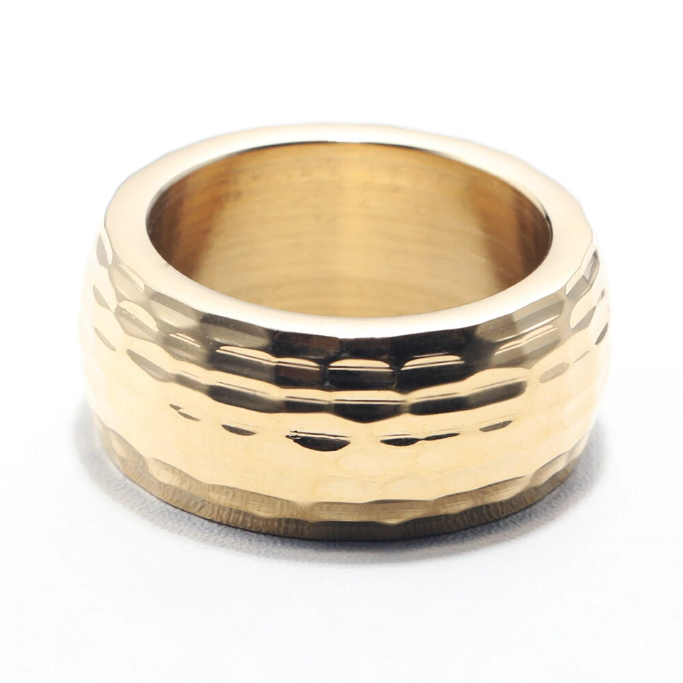 Men's 10MM Hammered Texture Titanium Wedding Band Biker Heavy Ring Gold Plated - Image 3 of 4