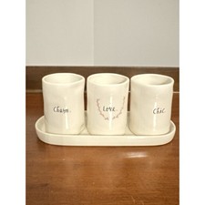 Rae Dunn "Charm Love" "Chic" MakeUp/Brush/Office Organizer with Tray white
