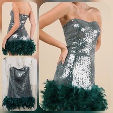 LULUS Especially Fabulous Emerald Sequin Feather Strapless Mini Dress Size SMALL