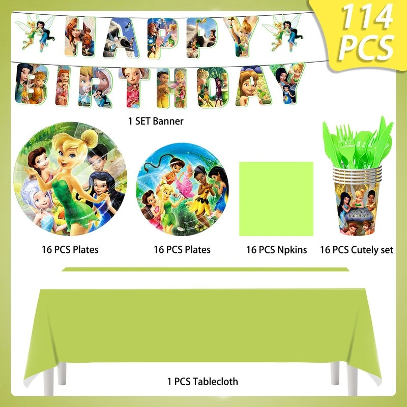 Louça para decoração de festa Sininho, 113 peças toalha de mesa de aniversário Sininho - Imagem 2 de 4