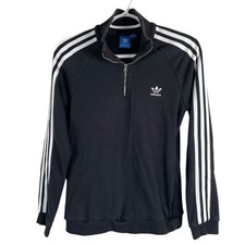 Adidas Trefoil Womens 1/4 Zip Sweatshirt Medium Black Striped Pockets Stretch