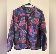 Nike Full Zip Windbreaker Jacket Black Multicolor Logo Print Hooded Size Large