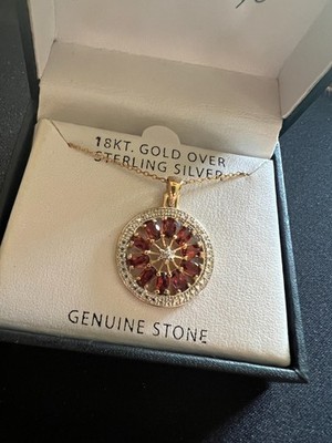 925 Sterling Silber Oval Granate Diamant Akzent Rund Anhänger & Halskette