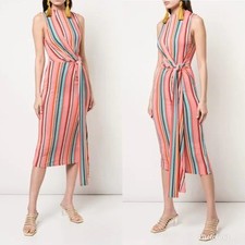 ALICE + OLIVIA DELORA SLEEVELESS TIE WAIST STRIPE MIDI DRESS IN SPORT STRIPE SZ