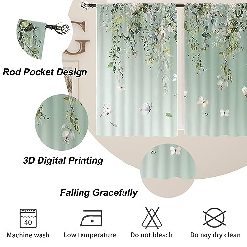 Short Tier Curtains for Kitchen Bathroom, Green Eucalyptus Leaf Cafe Curtains, - Picture 4 of 7