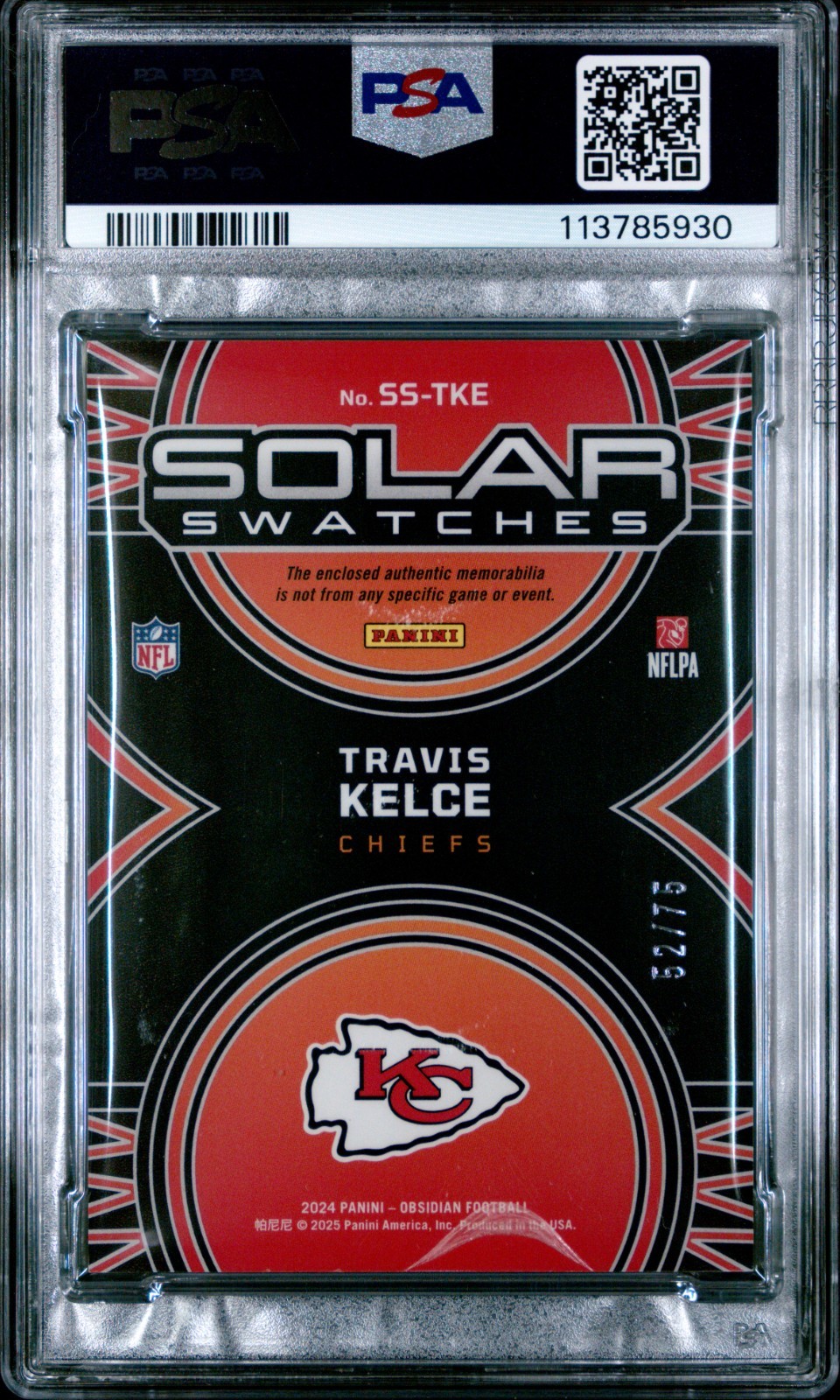 2024 PANINI OBSIDIAN #SSTKE TRAVIS KELCE SOLAR SWATCHES-RED PSA EX 5 view 2