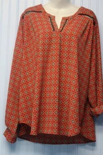Liz Claiborne red print v neck lightweight long roll-tab sleeve pullover top 1X