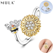 MULA European Sunflower Bee Open Ring 925 Sterling Silver CZ For Women Jewelry