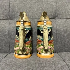 Vintage German Beer Stein Set 2 Matching Man Woman Dog Rifle Abschied Jagers