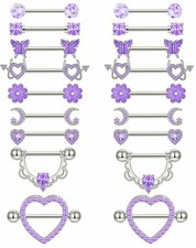 9 Pairs Nipple Rings Stainless Steel Heart Butterfly Moon Flower CZ Barbell T...